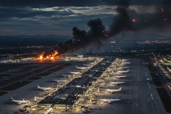 Aerial view of an airport with signs of recent airstrikes, symbolizing the Israel-Iran conflict escalation