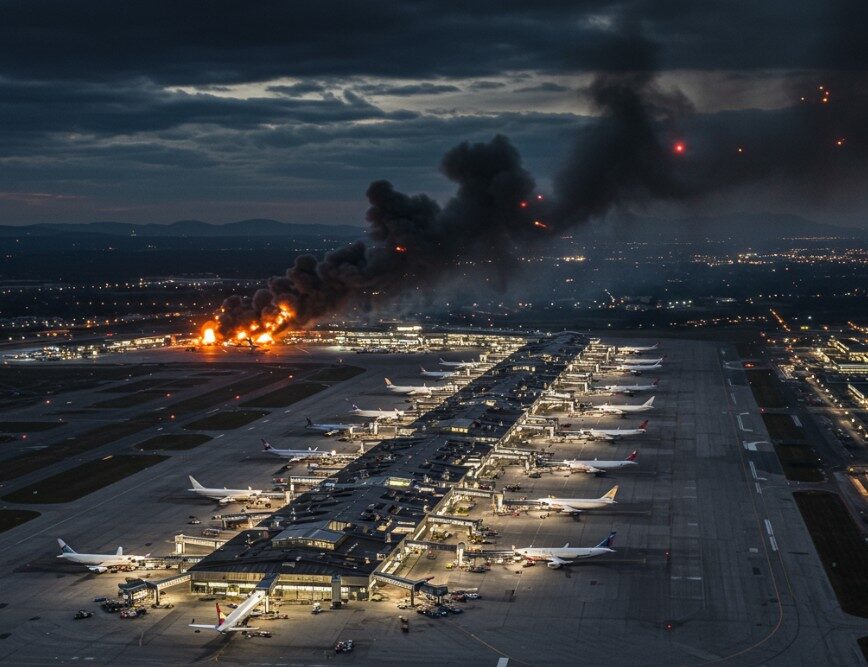 Aerial view of an airport with signs of recent airstrikes, symbolizing the Israel-Iran conflict escalation
