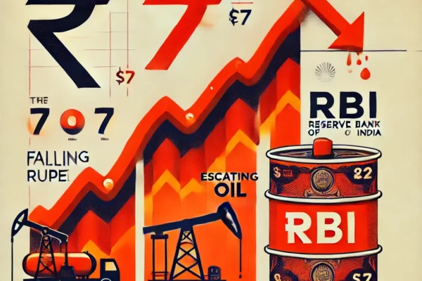 The Falling Rupee - A red zigzag graph showing a downward trend with the Indian Rupee symbol