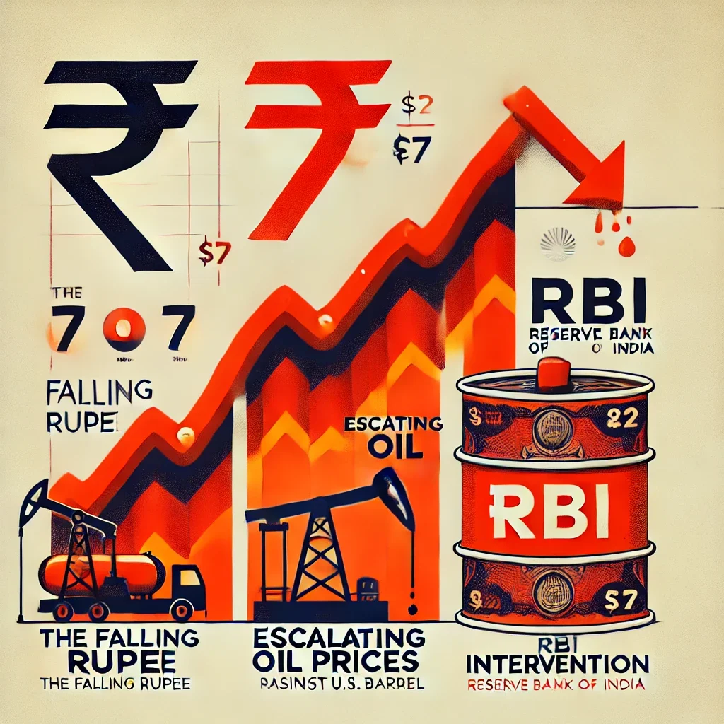 The Falling Rupee - A red zigzag graph showing a downward trend with the Indian Rupee symbol