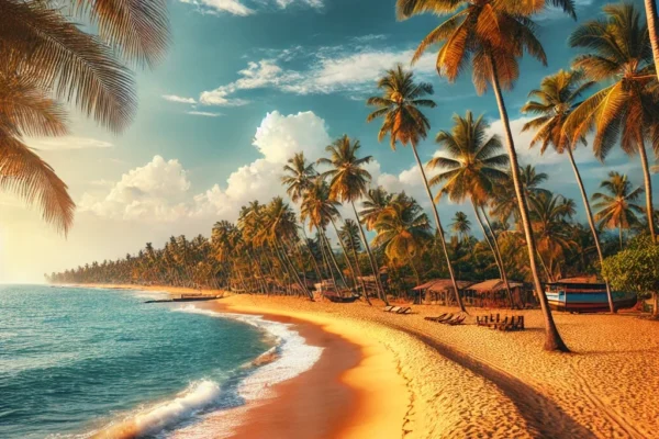 The beach is golden and stretches into the distance