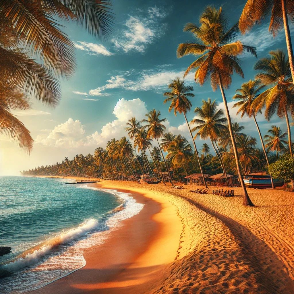 The beach is golden and stretches into the distance
