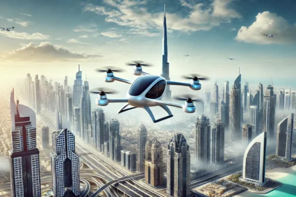 air taxi flying above the skyline of Dubai