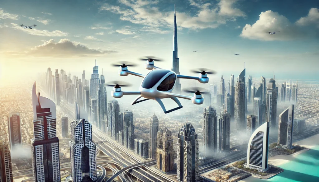 air taxi flying above the skyline of Dubai